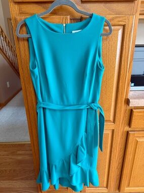 Calvin Klein Teal Sleeveless Ruffle Wrap Midi Dress